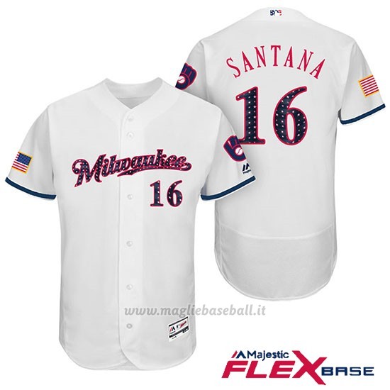 Maglia Baseball Uomo Milwaukee Brewers 2017 Estrellas y Rayas Domingo Santana Bianco Flex Base